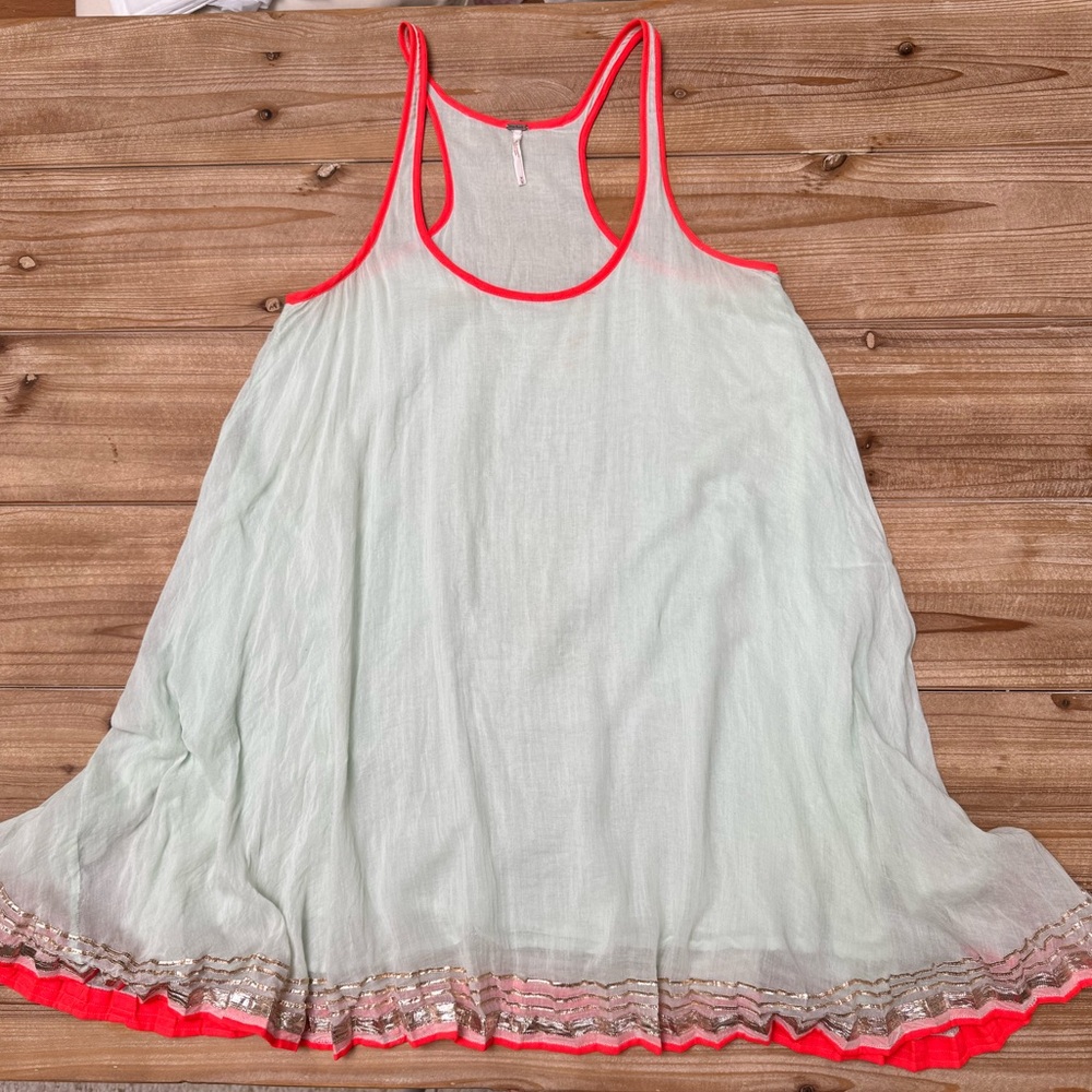 Free People Mini Dress in Mint with Coral and Gold Details | Size Medium